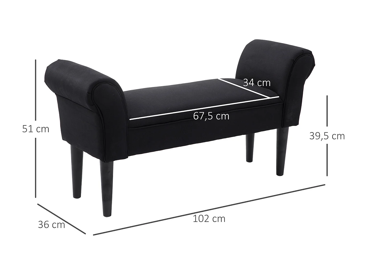 Banc banquette design contemporain accoudoirs courbés grand confort 102L x 31l x 51H cm noir