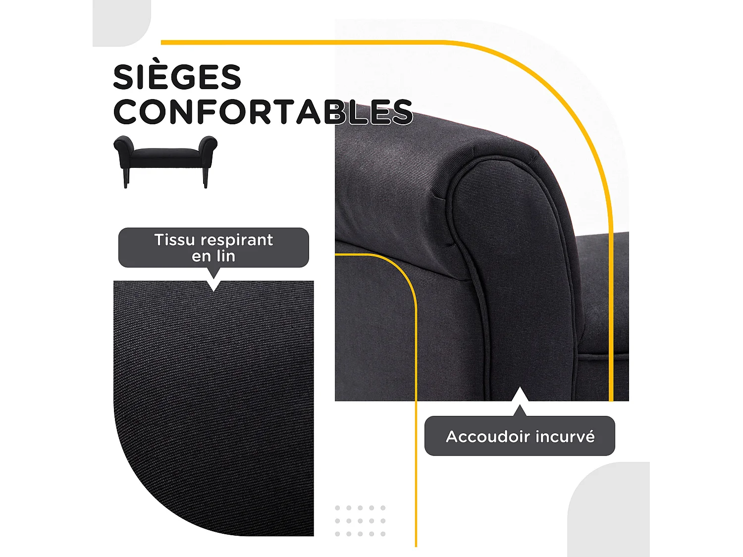 Banc banquette design contemporain accoudoirs courbés grand confort 102L x 31l x 51H cm noir