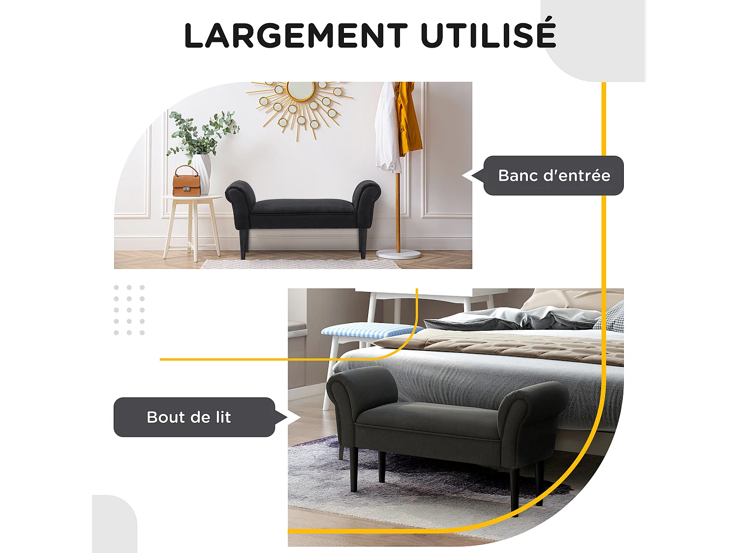 Banc banquette design contemporain accoudoirs courbés grand confort 102L x 31l x 51H cm noir
