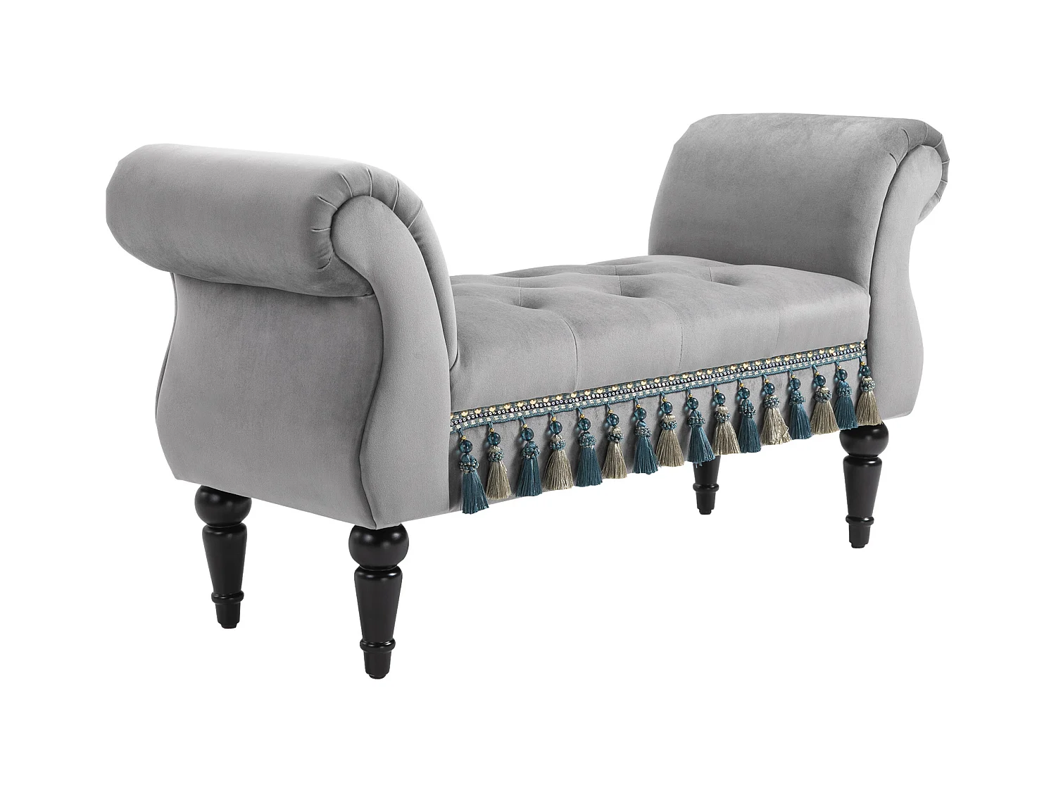 Banc banquette capitonnée design accoudoirs courbés pompons pieds bois hévéa revêtement velours gris