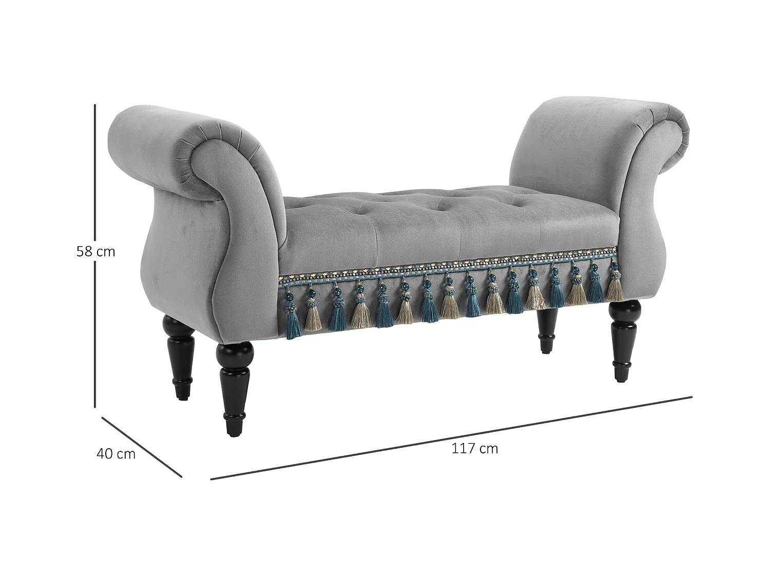 Banc banquette capitonnée design accoudoirs courbés pompons pieds bois hévéa revêtement velours gris