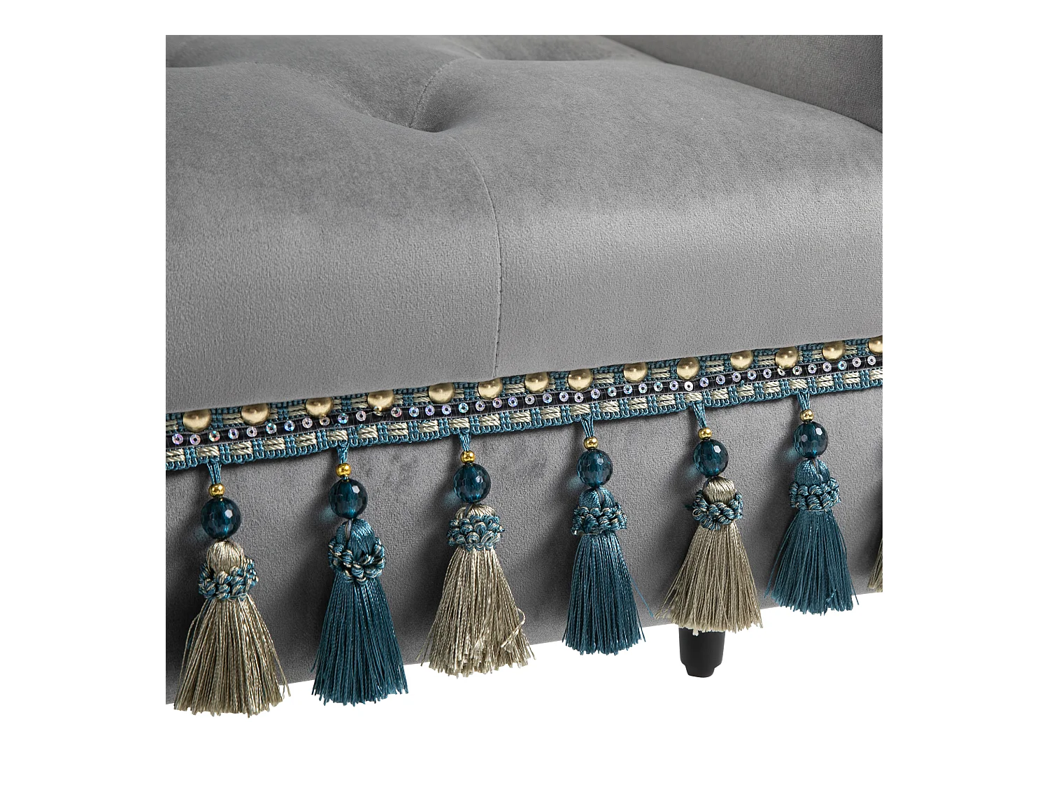 Banc banquette capitonnée design accoudoirs courbés pompons pieds bois hévéa revêtement velours gris