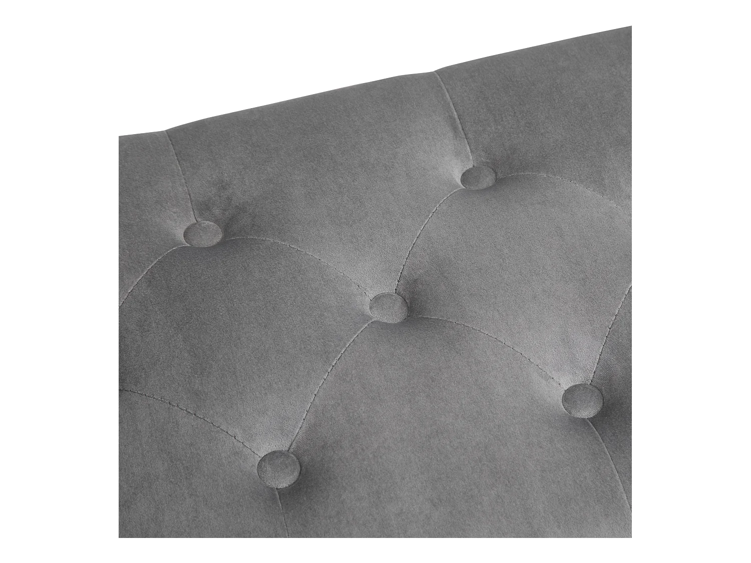 Banc banquette capitonnée design accoudoirs courbés pompons pieds bois hévéa revêtement velours gris