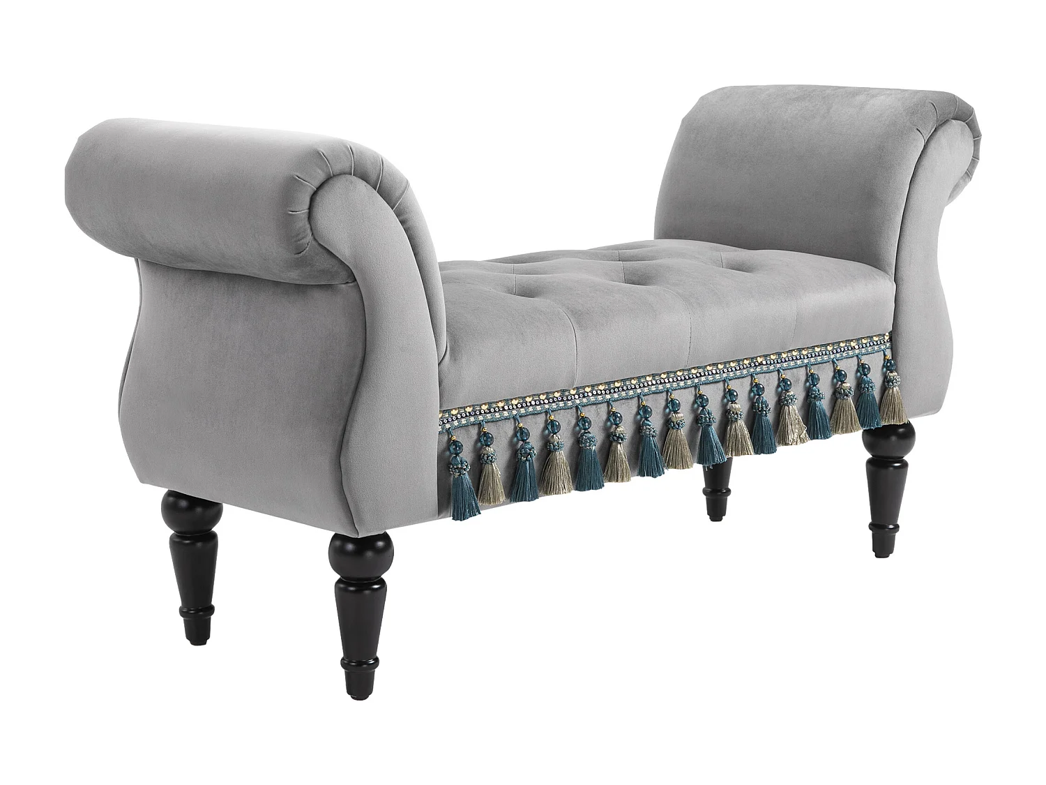 Banc banquette capitonnée design accoudoirs courbés pompons pieds bois hévéa revêtement velours gris