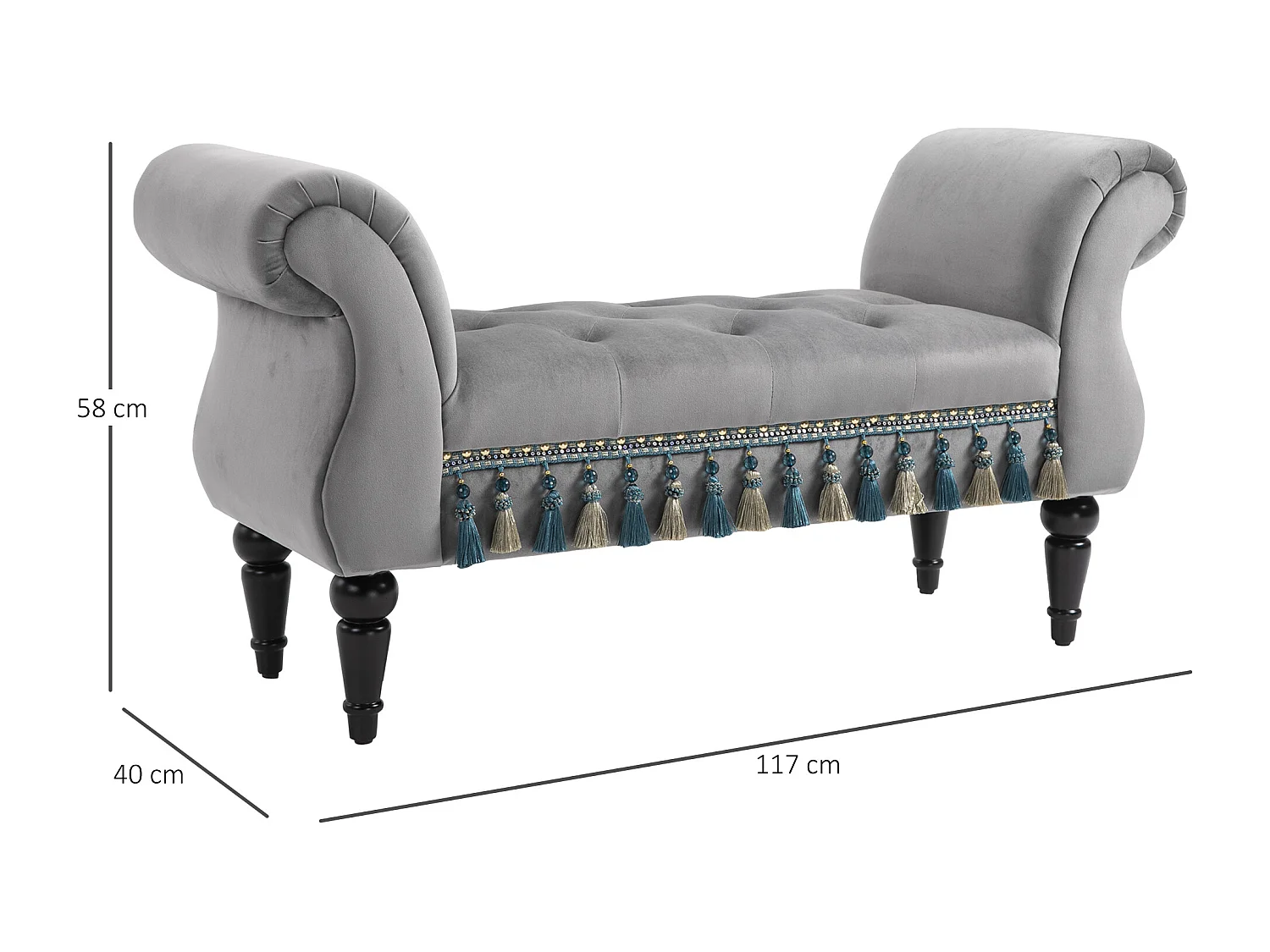 Banc banquette capitonnée design accoudoirs courbés pompons pieds bois hévéa revêtement velours gris