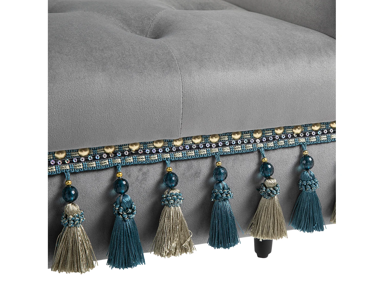 Banc banquette capitonnée design accoudoirs courbés pompons pieds bois hévéa revêtement velours gris