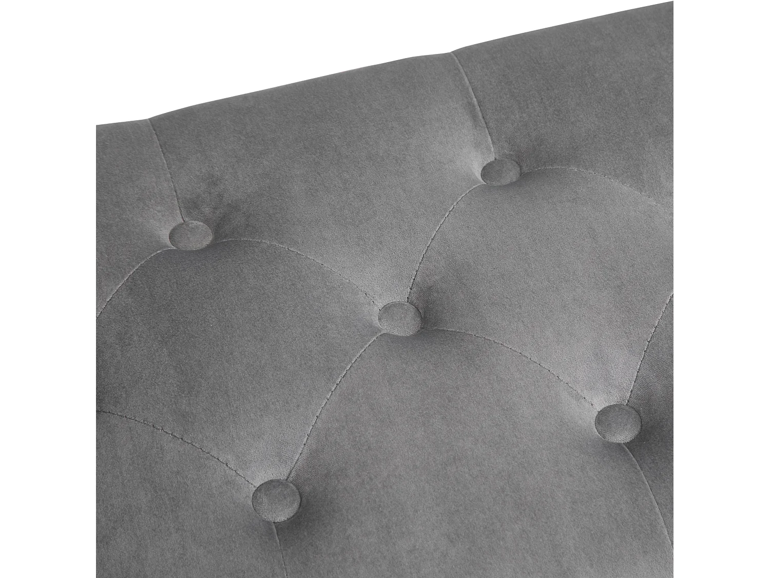 Banc banquette capitonnée design accoudoirs courbés pompons pieds bois hévéa revêtement velours gris