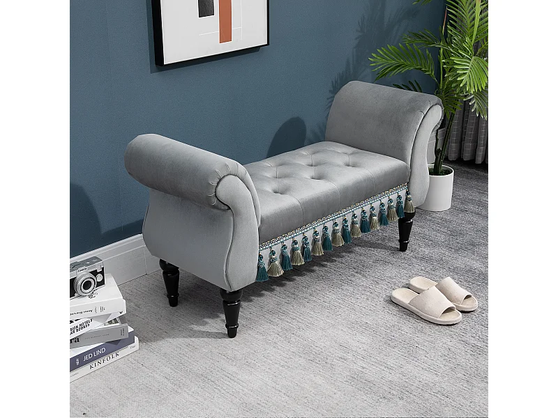 Banc banquette capitonnée design accoudoirs courbés pompons pieds bois hévéa revêtement velours gris