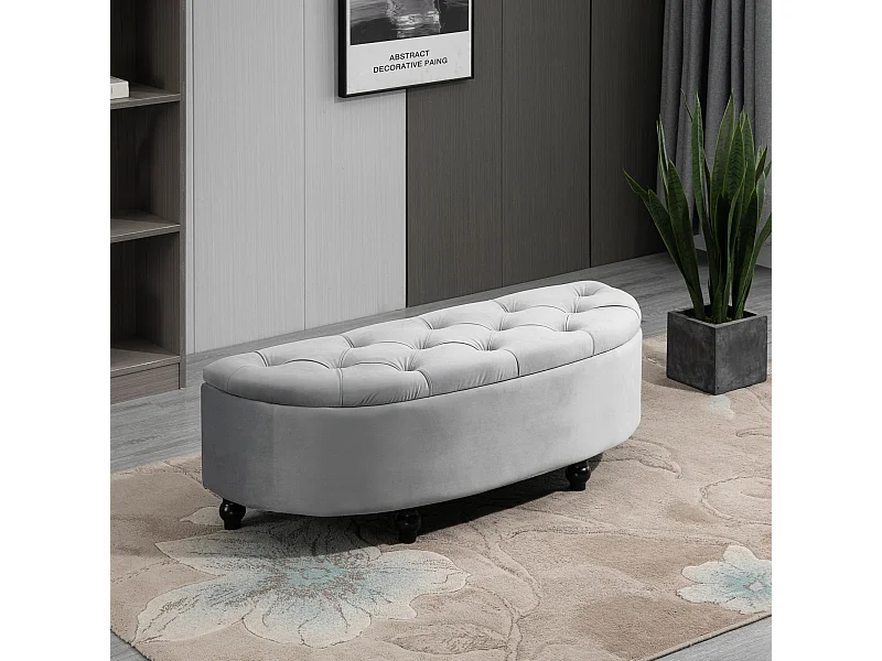 Pouf de rangement coffre 2 en 1 - pouf design classique chic capitonné demi-cercle - pieds bois hévéa noir revêtement velours gris