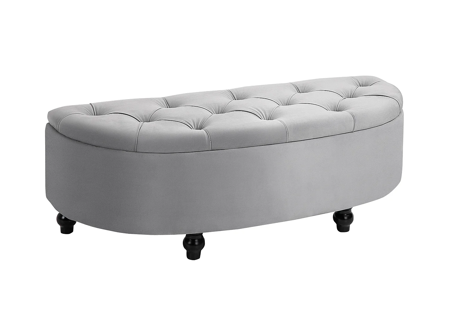 Pouf de rangement coffre 2 en 1 - pouf design classique chic capitonné demi-cercle - pieds bois hévéa noir revêtement velours gris
