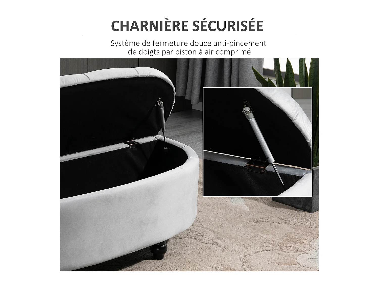 Pouf de rangement coffre 2 en 1 - pouf design classique chic capitonné demi-cercle - pieds bois hévéa noir revêtement velours gris