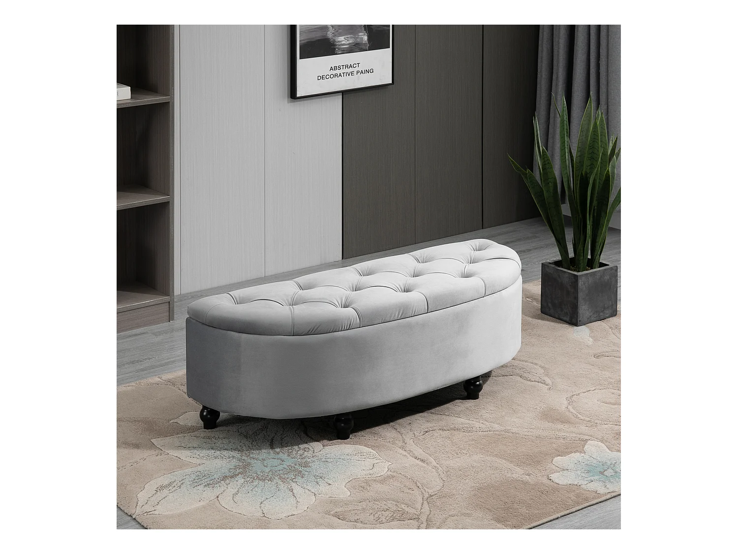 Pouf de rangement coffre 2 en 1 - pouf design classique chic capitonné demi-cercle - pieds bois hévéa noir revêtement velours gris