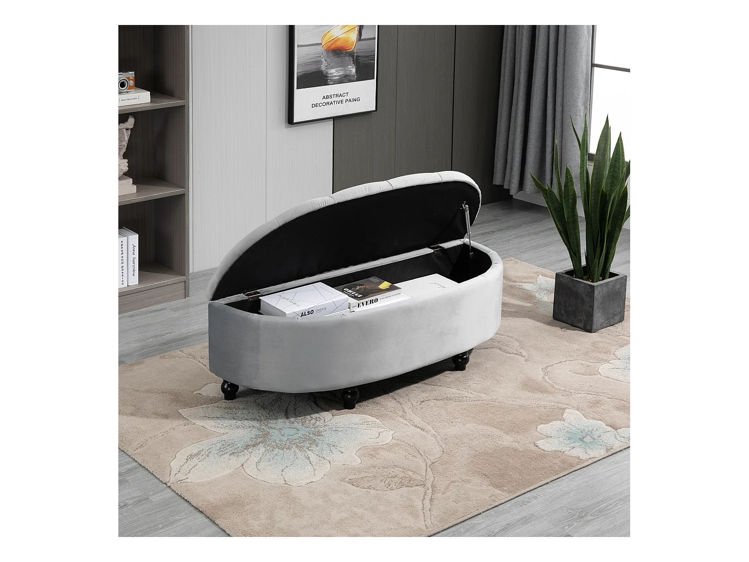 Pouf de rangement coffre 2 en 1 - pouf design classique chic capitonné demi-cercle - pieds bois hévéa noir revêtement velours gris