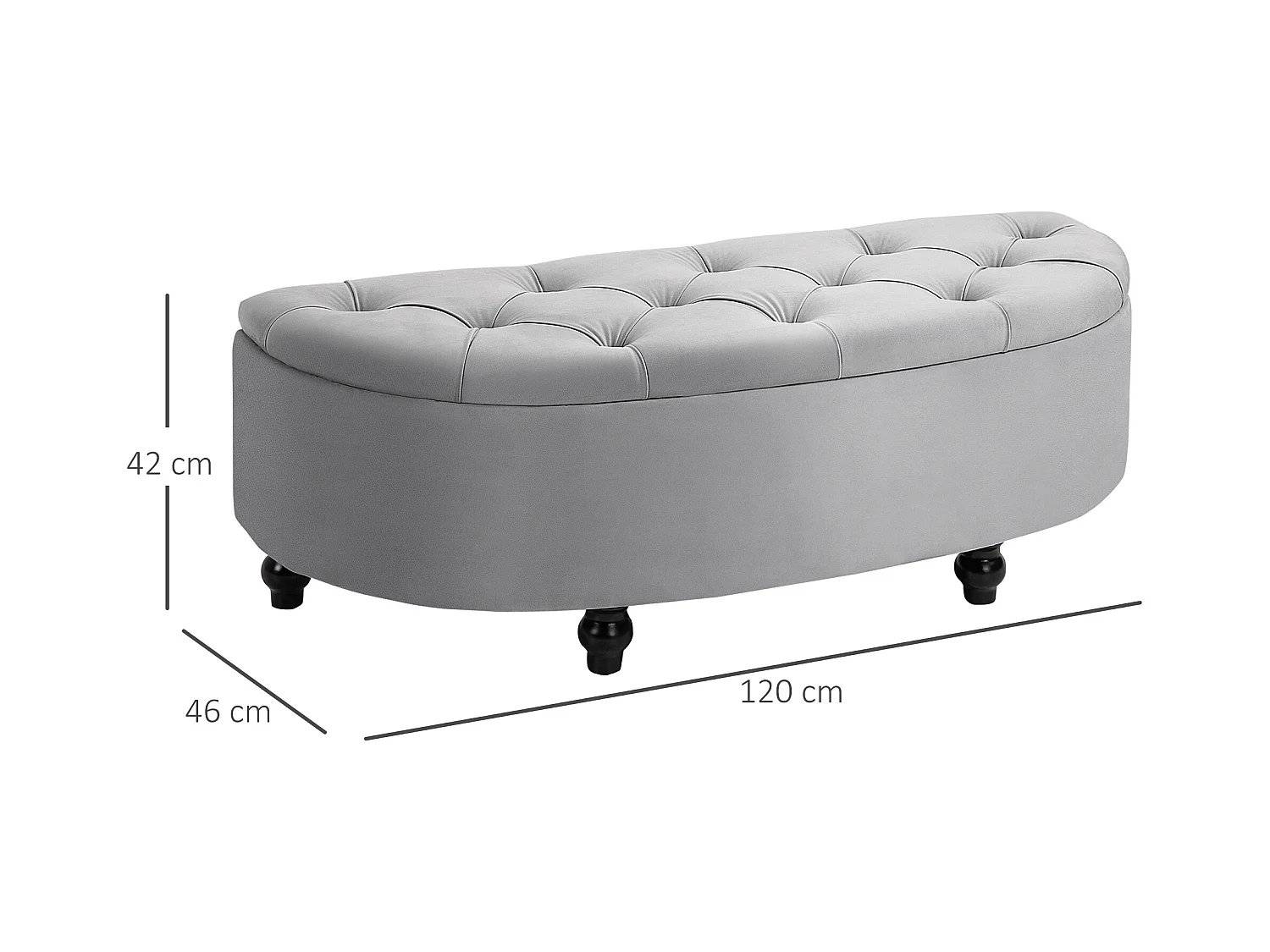 Pouf de rangement coffre 2 en 1 - pouf design classique chic capitonné demi-cercle - pieds bois hévéa noir revêtement velours gris