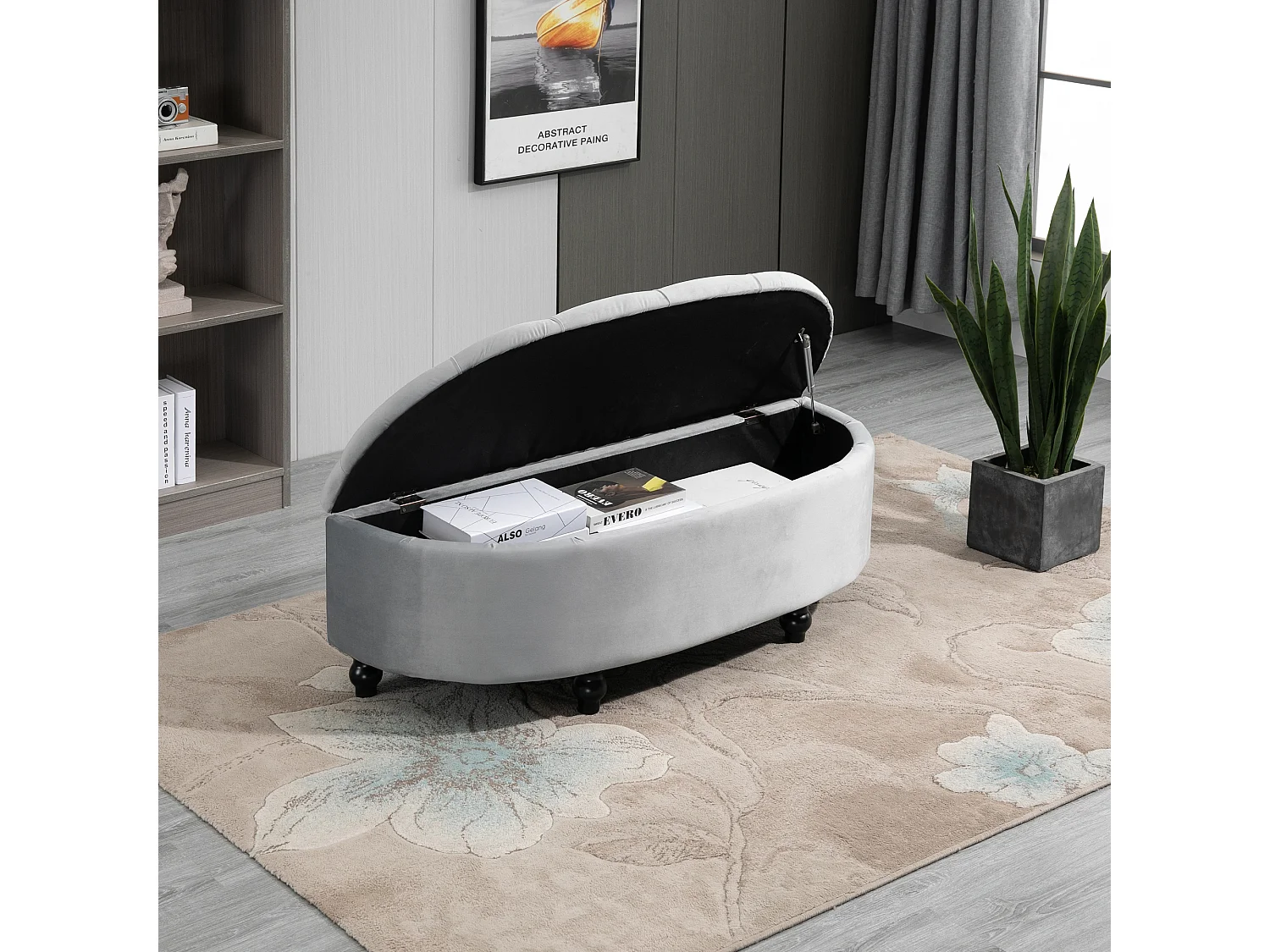 Pouf de rangement coffre 2 en 1 - pouf design classique chic capitonné demi-cercle - pieds bois hévéa noir revêtement velours gris