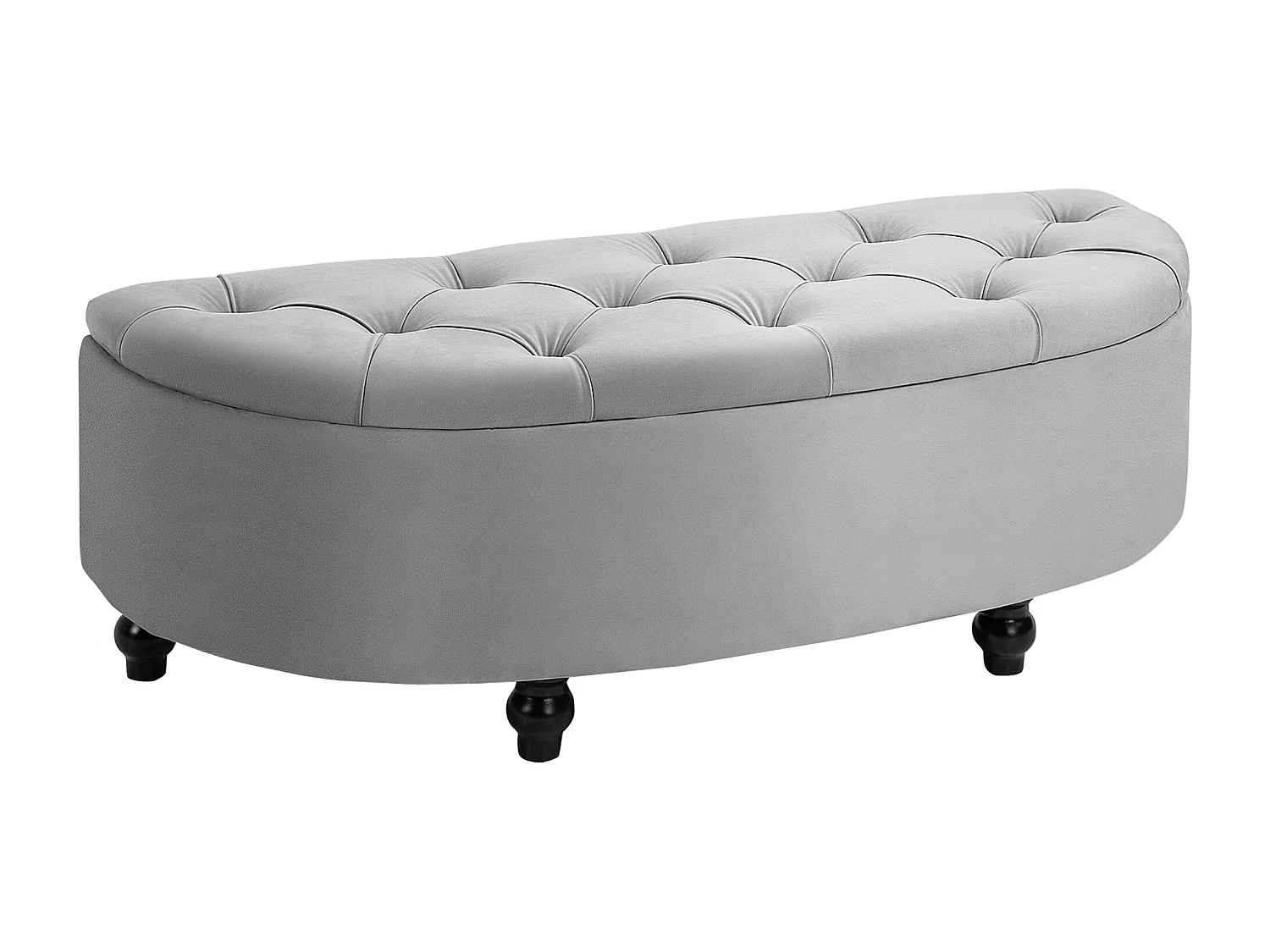 Pouf de rangement coffre 2 en 1 - pouf design classique chic capitonné demi-cercle - pieds bois hévéa noir revêtement velours gris