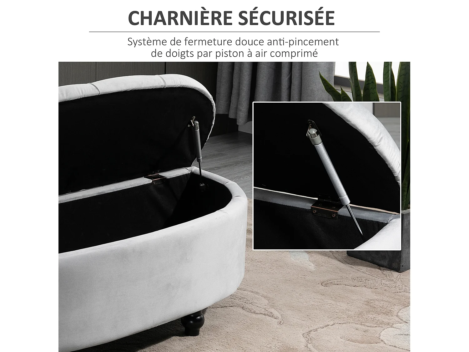 Pouf de rangement coffre 2 en 1 - pouf design classique chic capitonné demi-cercle - pieds bois hévéa noir revêtement velours gris