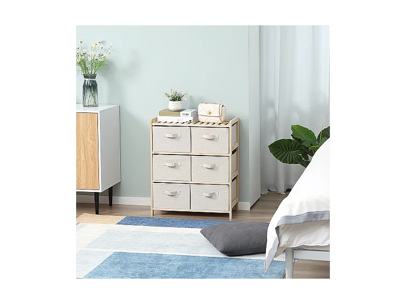 Commode 6 tiroirs tissu polyester beige dim. 59L x 28l x 70H cm bois sapin