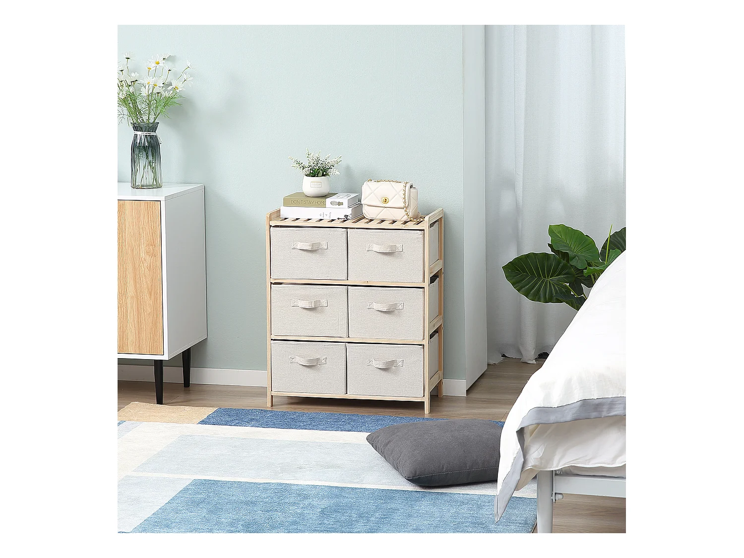 Commode 6 tiroirs tissu polyester beige dim. 59L x 28l x 70H cm bois sapin