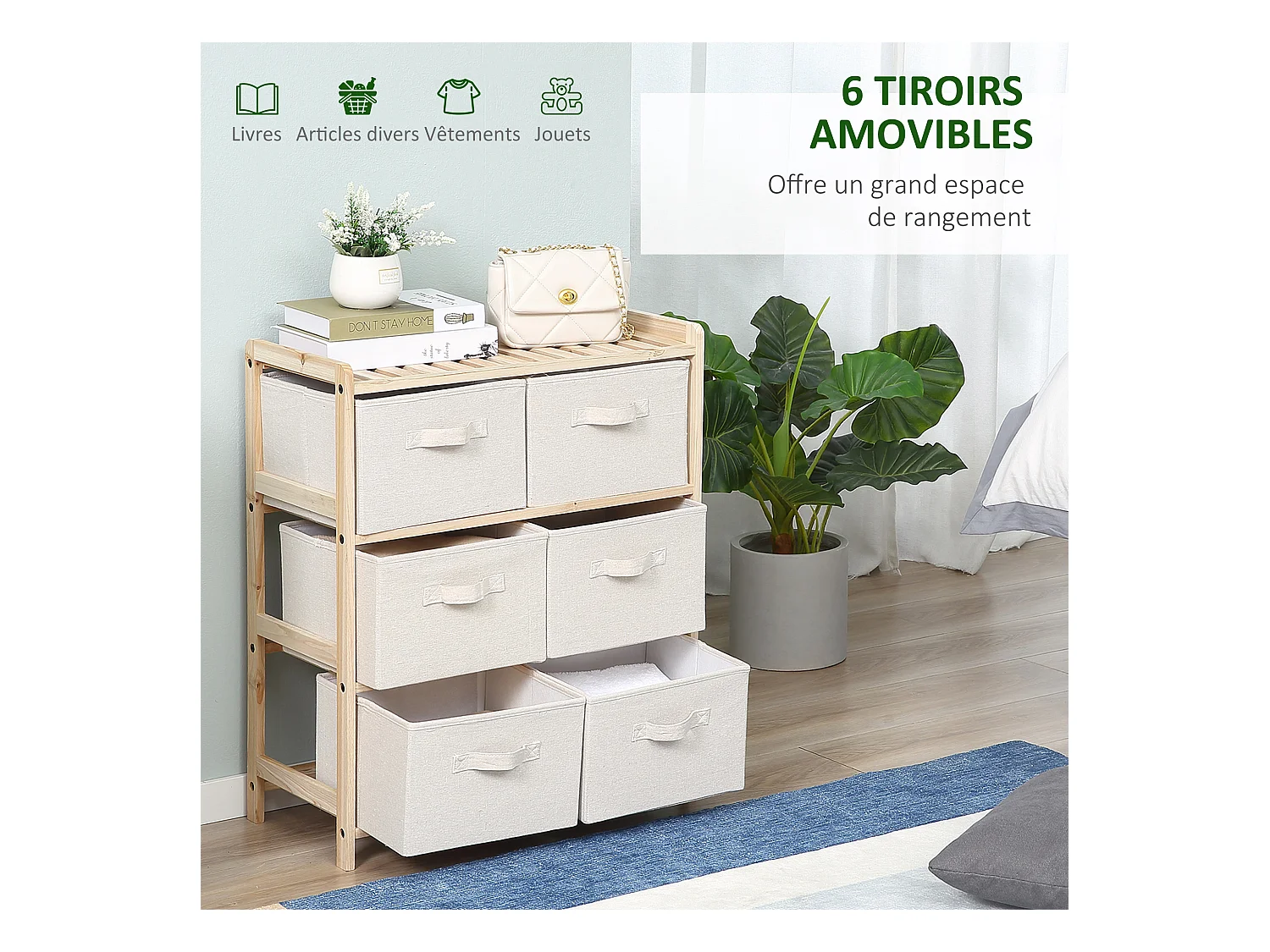 Commode 6 tiroirs tissu polyester beige dim. 59L x 28l x 70H cm bois sapin