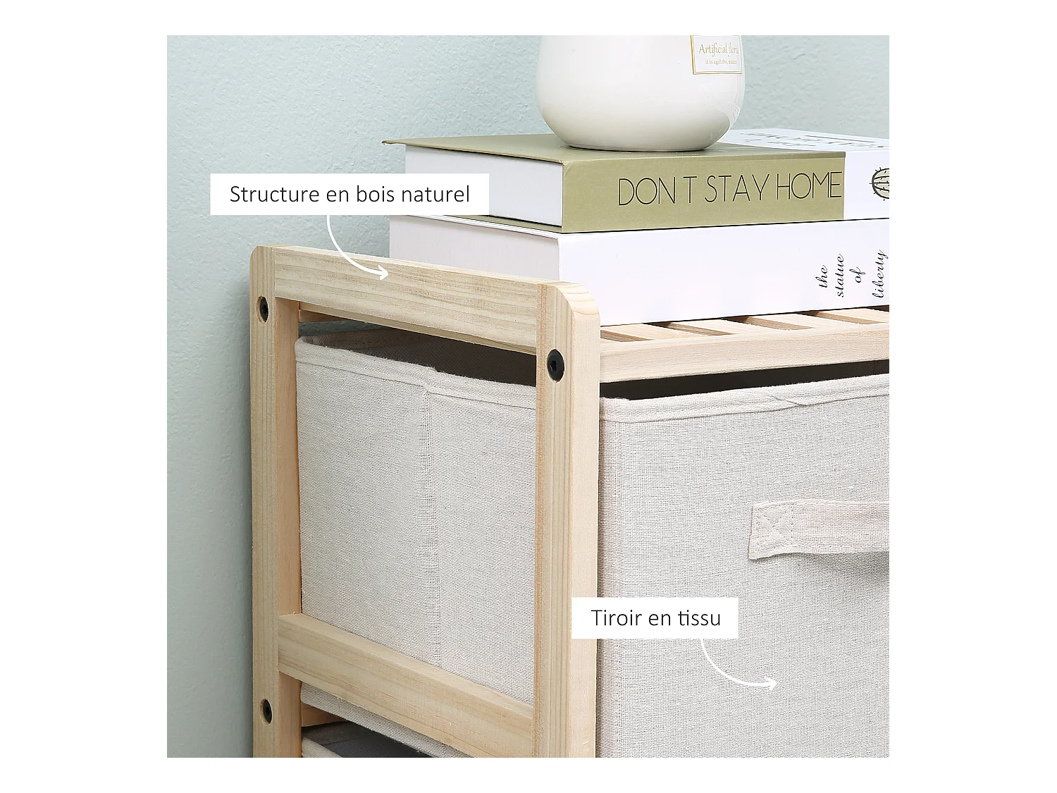 Commode 6 tiroirs tissu polyester beige dim. 59L x 28l x 70H cm bois sapin