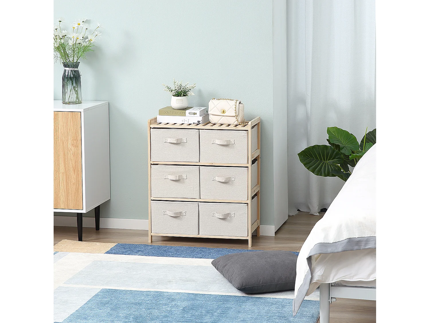 Commode 6 tiroirs tissu polyester beige dim. 59L x 28l x 70H cm bois sapin