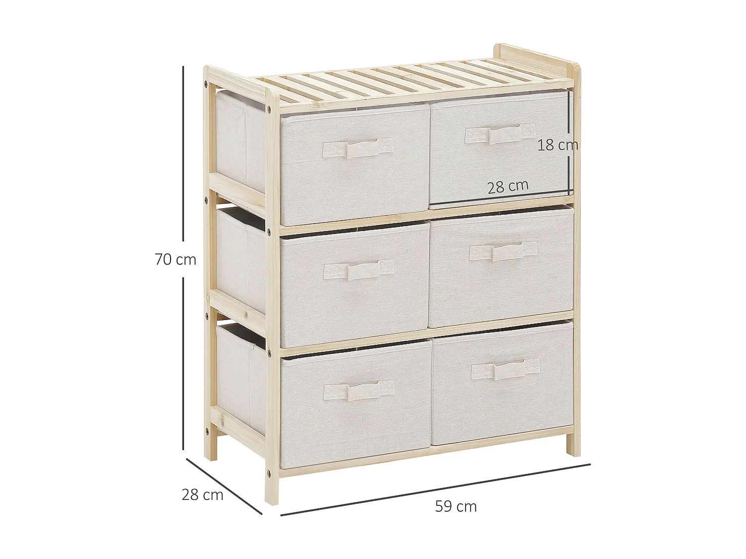 Commode 6 tiroirs tissu polyester beige dim. 59L x 28l x 70H cm bois sapin