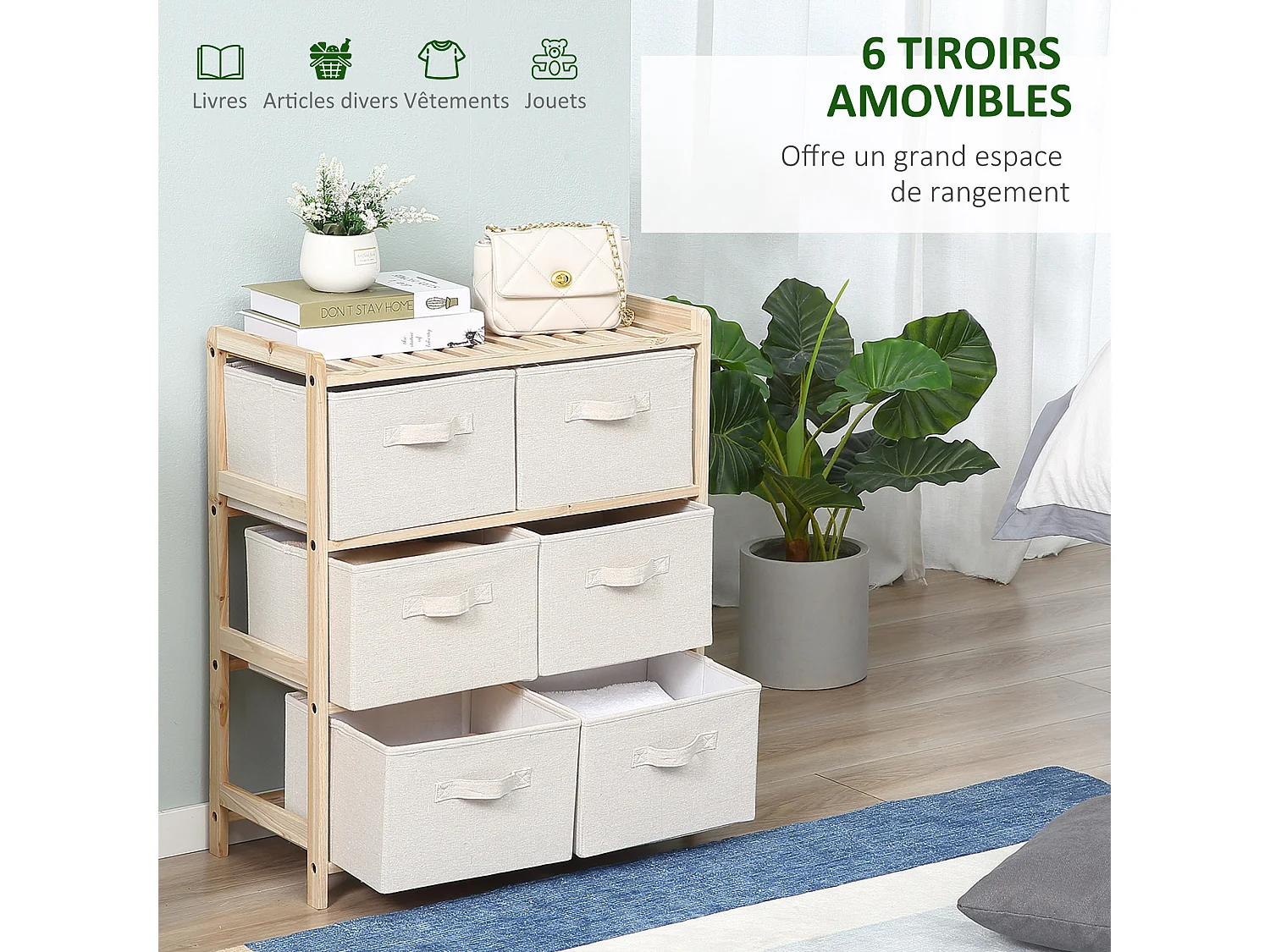 Commode 6 tiroirs tissu polyester beige dim. 59L x 28l x 70H cm bois sapin
