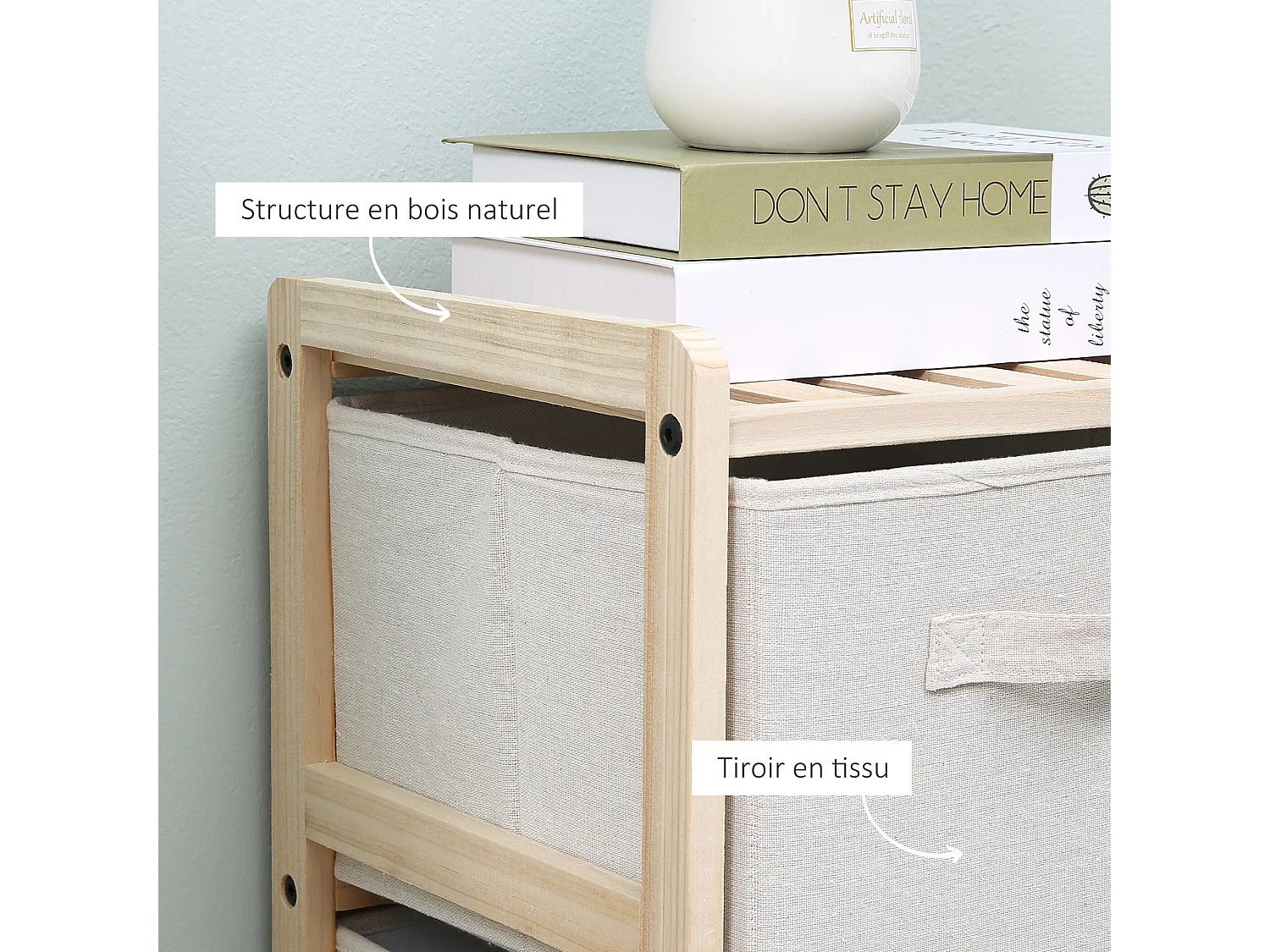 Commode 6 tiroirs tissu polyester beige dim. 59L x 28l x 70H cm bois sapin