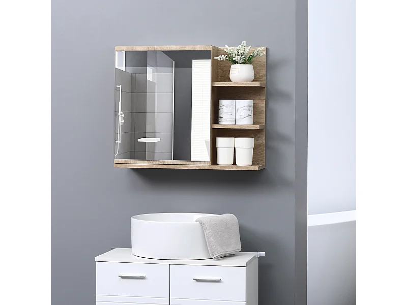 Armoire miroir de salle de bain avec étagère - 3 étagères latérales - kit installation murale fourni - panneaux particules aspect chêne clair