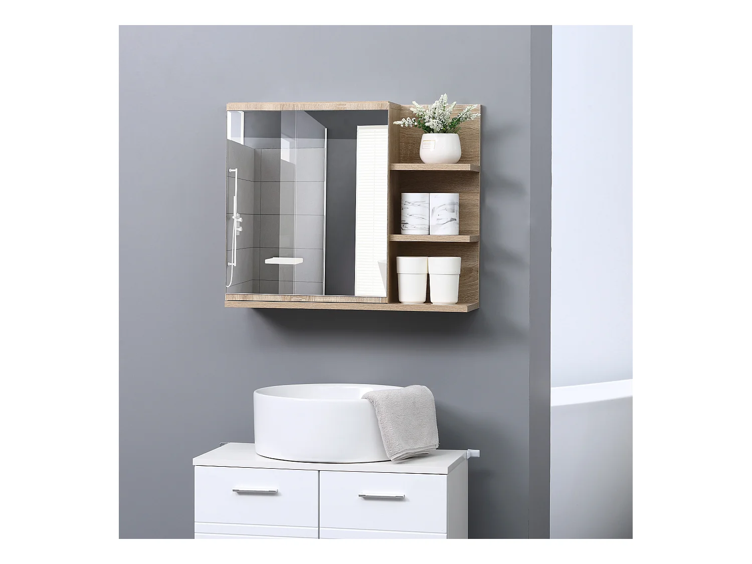 Armoire miroir de salle de bain avec étagère - 3 étagères latérales - kit installation murale fourni - panneaux particules aspect chêne clair