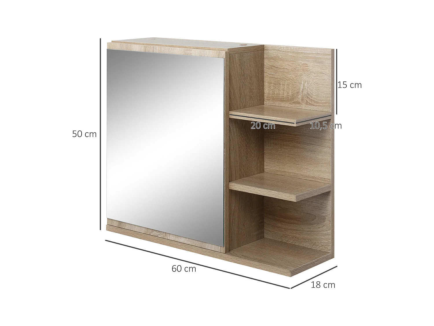 Armoire miroir de salle de bain avec étagère - 3 étagères latérales - kit installation murale fourni - panneaux particules aspect chêne clair
