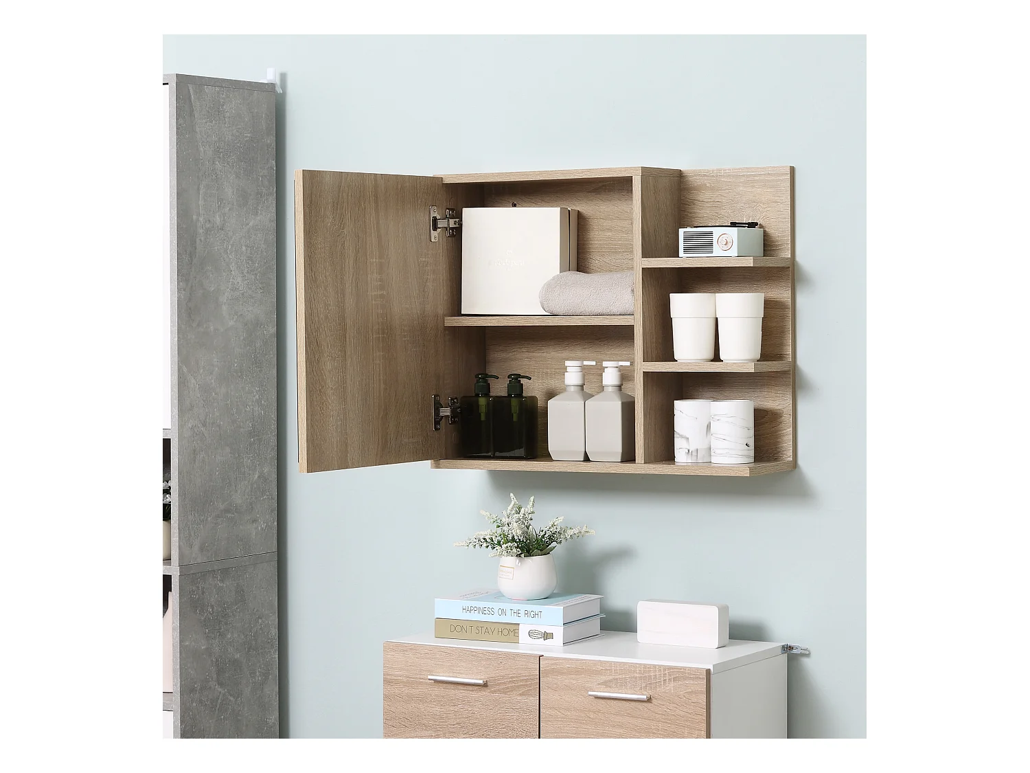 Armoire miroir de salle de bain avec étagère - 3 étagères latérales - kit installation murale fourni - panneaux particules aspect chêne clair