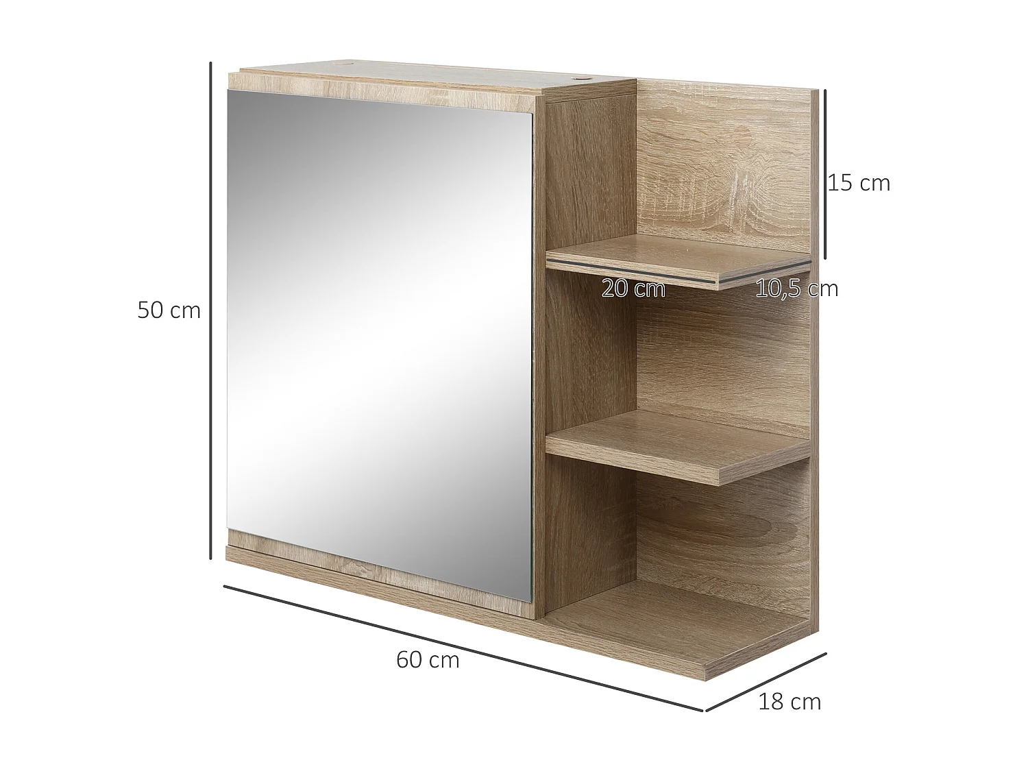 Armoire miroir de salle de bain avec étagère - 3 étagères latérales - kit installation murale fourni - panneaux particules aspect chêne clair