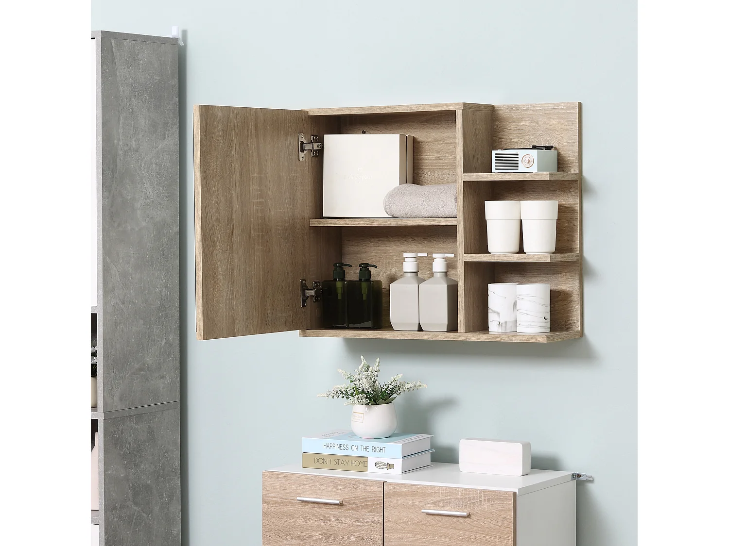 Armoire miroir de salle de bain avec étagère - 3 étagères latérales - kit installation murale fourni - panneaux particules aspect chêne clair