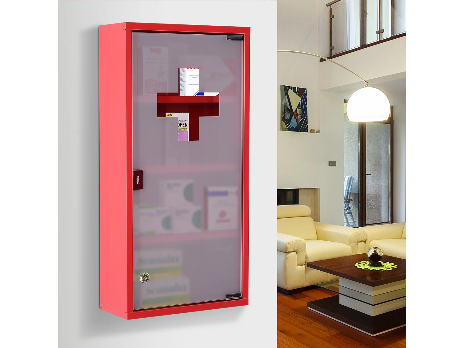 Armoire à pharmacie 3 étagères 4 niveaux verrouillable porte verre trempé dépoli logo croix 30L x 12l x 60H cm acier inox rouge