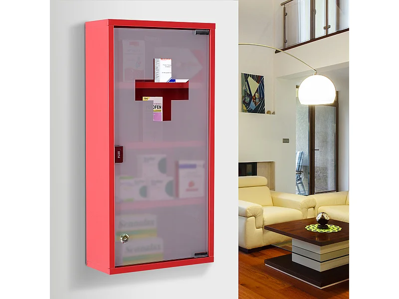 Armoire à pharmacie 3 étagères 4 niveaux verrouillable porte verre trempé dépoli logo croix 30L x 12l x 60H cm acier inox rouge