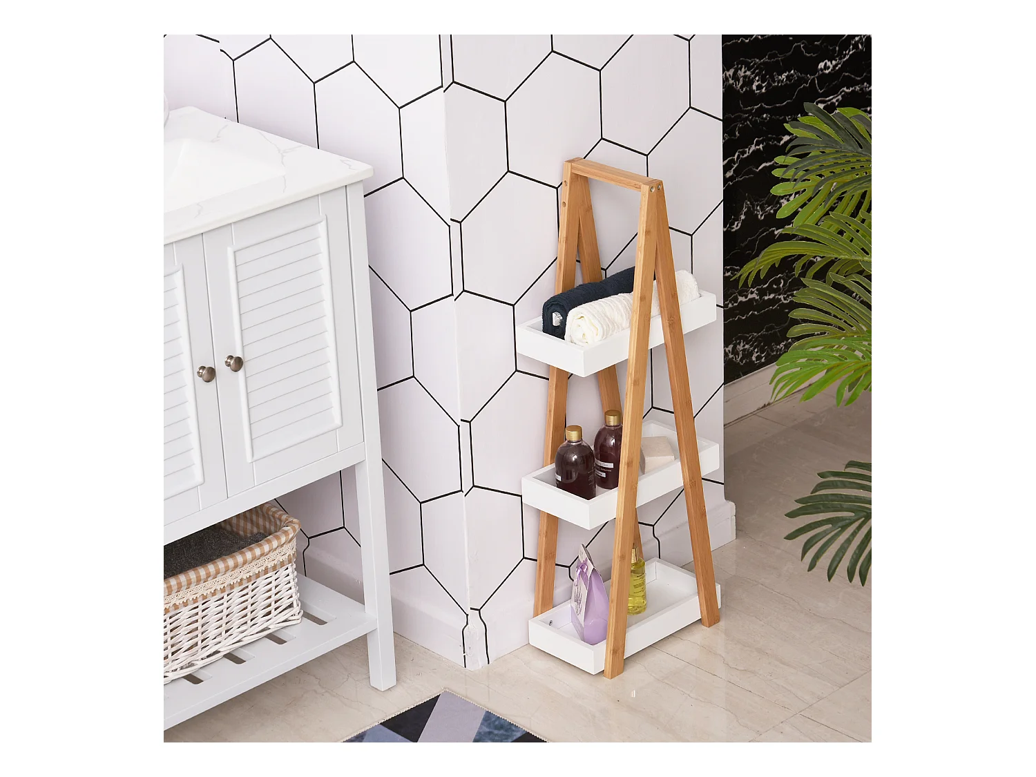 Etagère en bambou de salle de bain étagère debout 3 paniers dim. 30L x 18l x 81H cm bambou MDF blanc