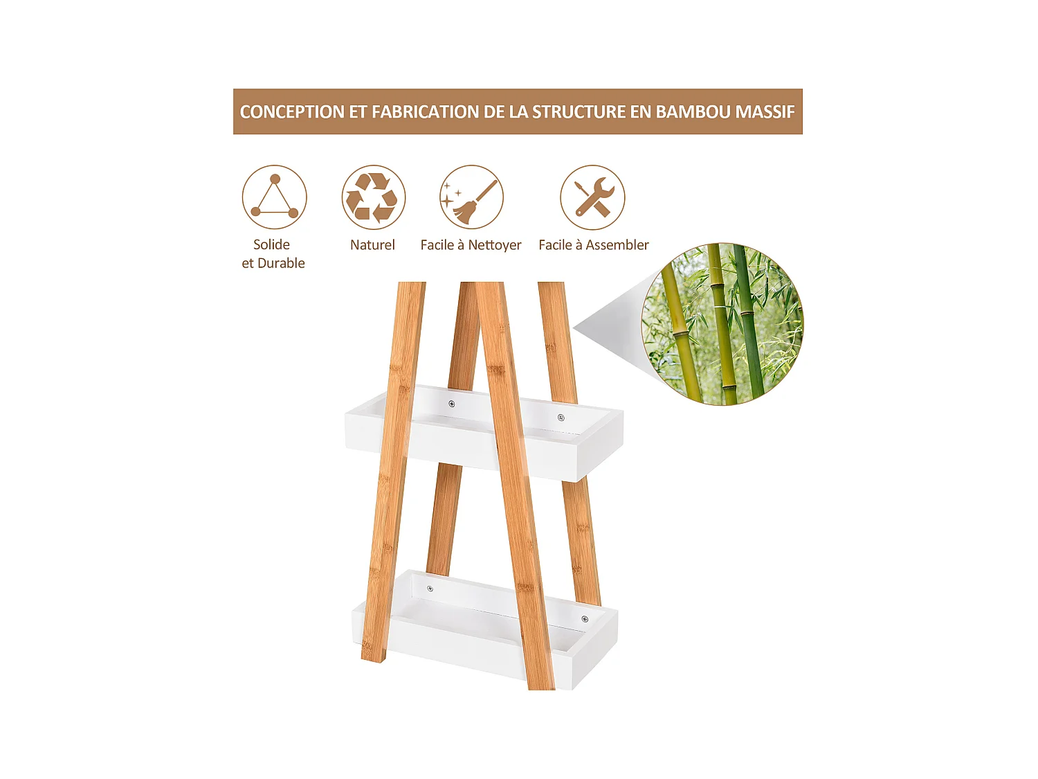 Etagère en bambou de salle de bain étagère debout 3 paniers dim. 30L x 18l x 81H cm bambou MDF blanc