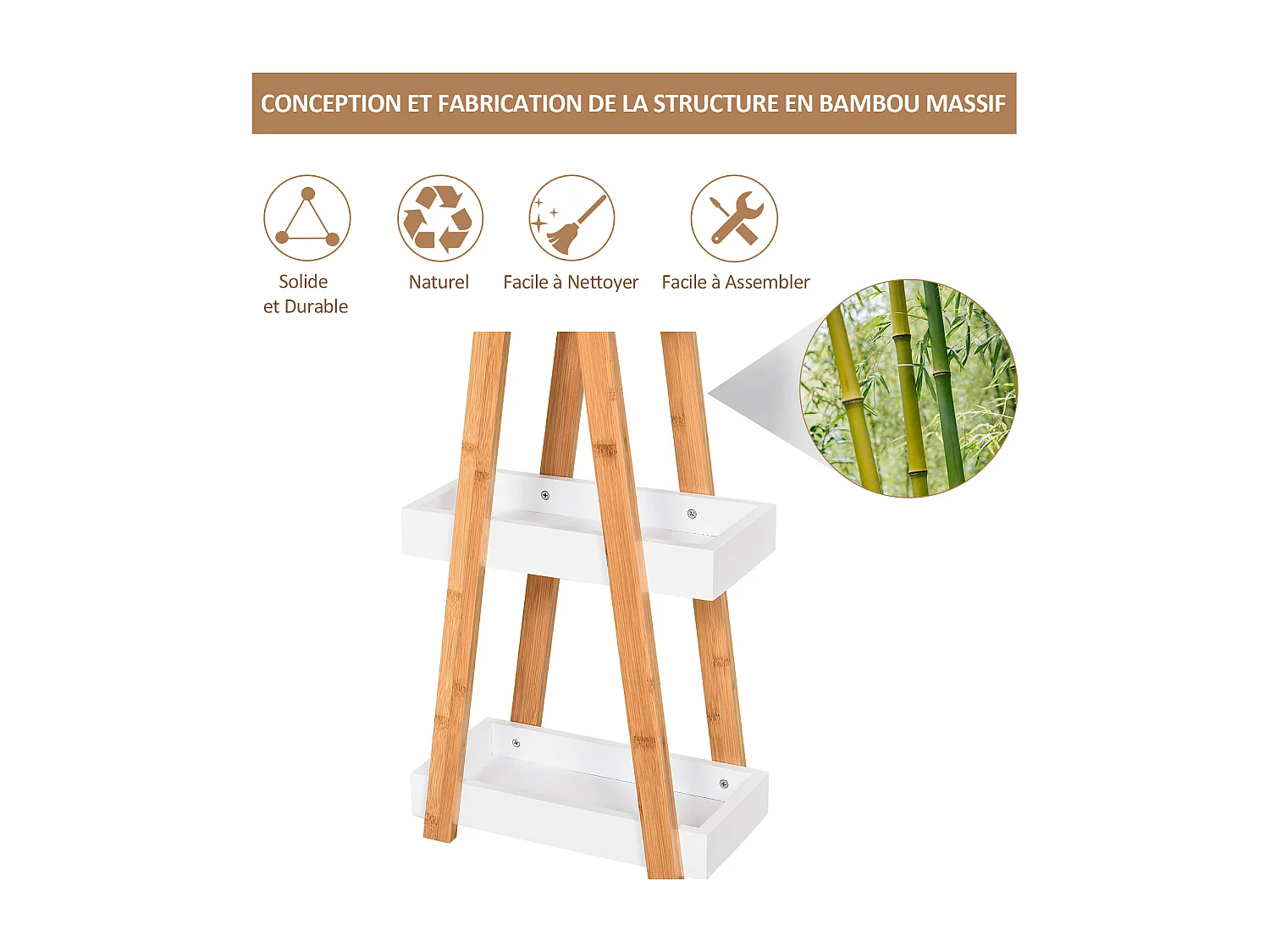 Etagère en bambou de salle de bain étagère debout 3 paniers dim. 30L x 18l x 81H cm bambou MDF blanc