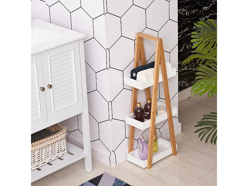 Etagère en bambou de salle de bain étagère debout 3 paniers dim. 30L x 18l x 81H cm bambou MDF blanc