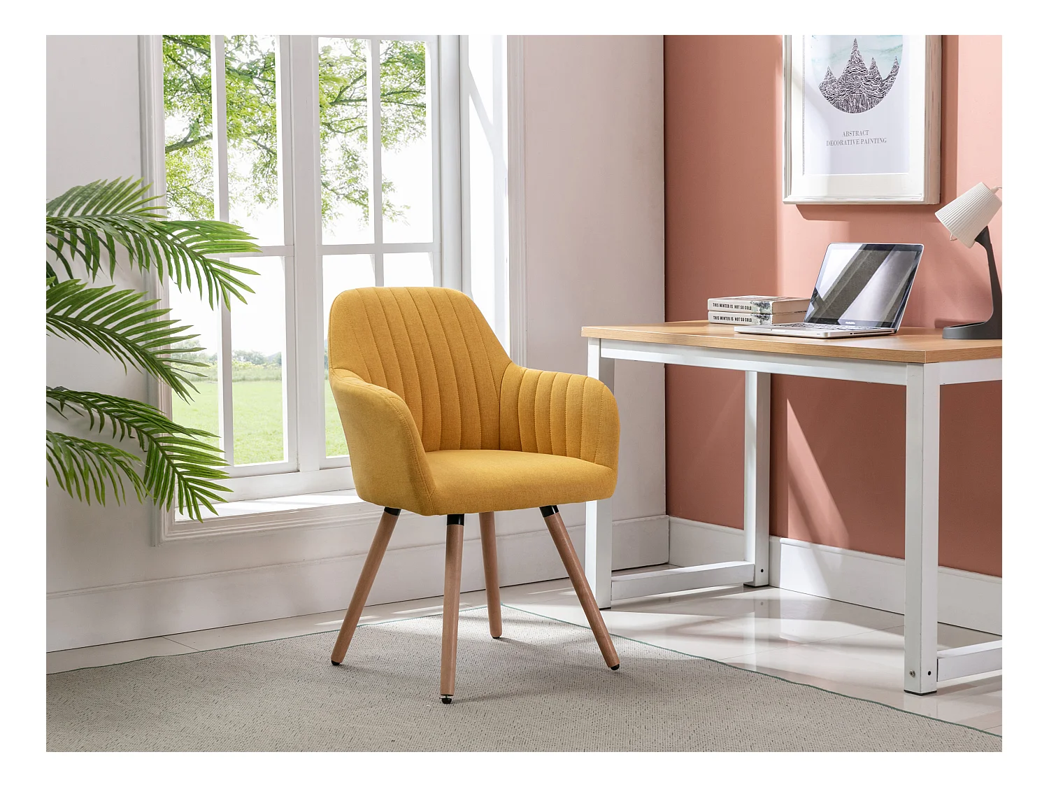 Lot de 2 chaises avec accoudoirs - Tissu et pieds bois de hêtre - Jaune - ELEANA