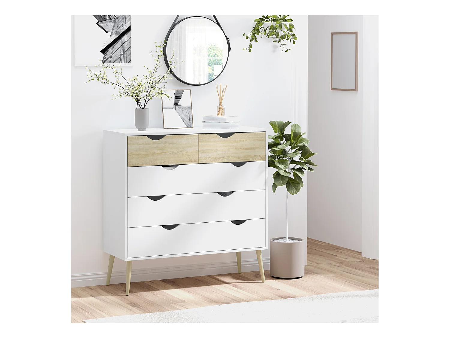 Commode 5 tiroirs design scandinave meuble de rangement chambre panneau de particules 99 x 39 x 101 cm blanc aspect chêne clair