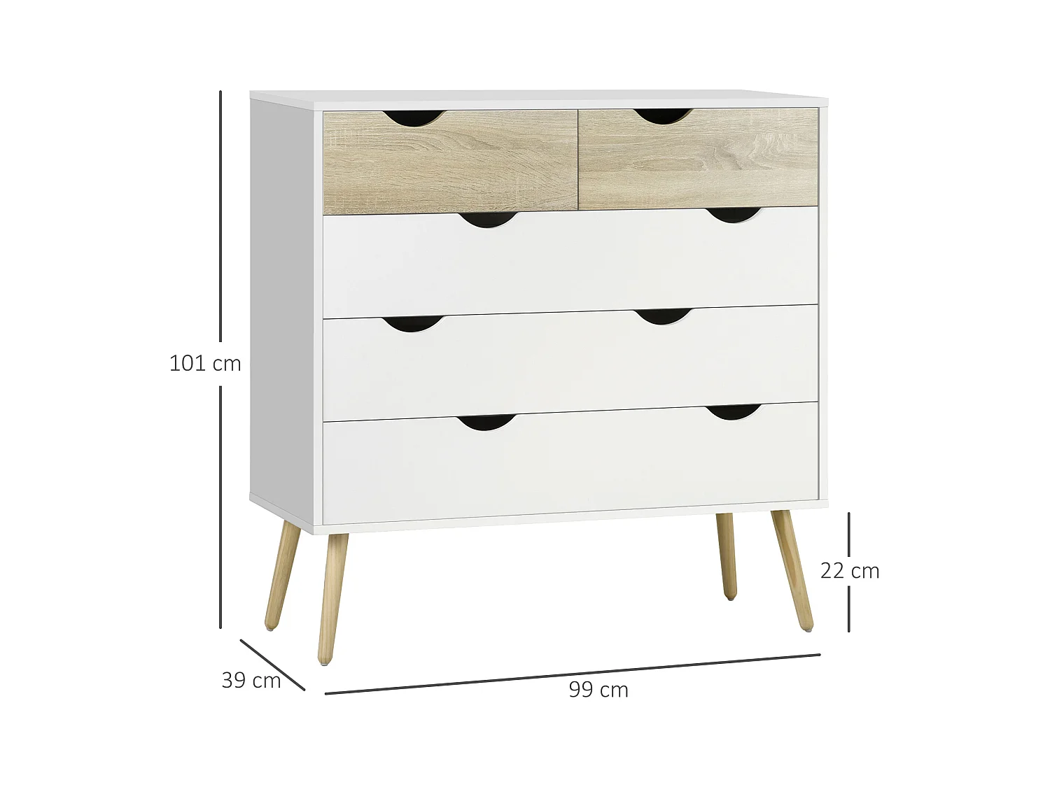 Commode 5 tiroirs design scandinave meuble de rangement chambre panneau de particules 99 x 39 x 101 cm blanc aspect chêne clair