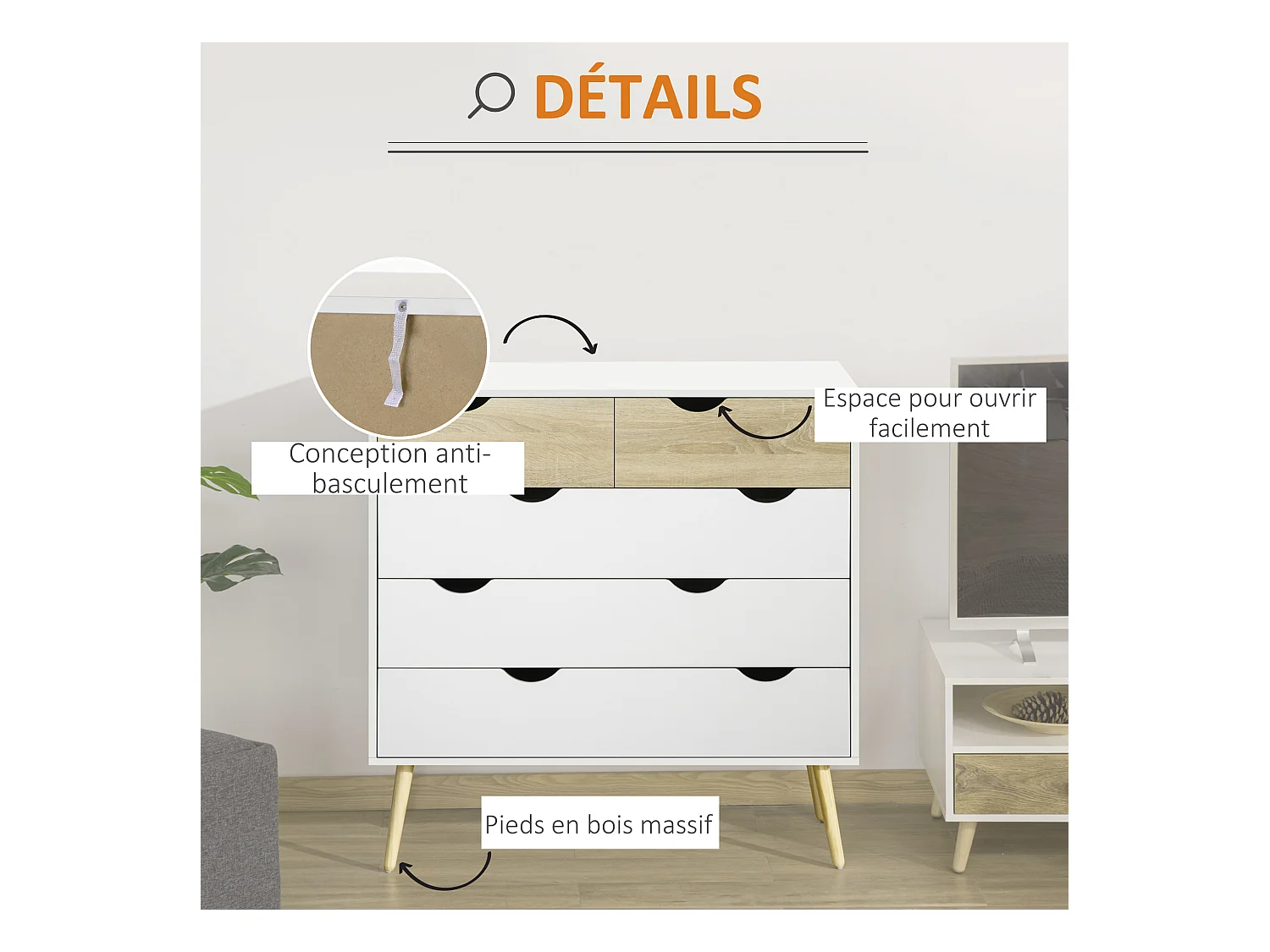 Commode 5 tiroirs design scandinave meuble de rangement chambre panneau de particules 99 x 39 x 101 cm blanc aspect chêne clair