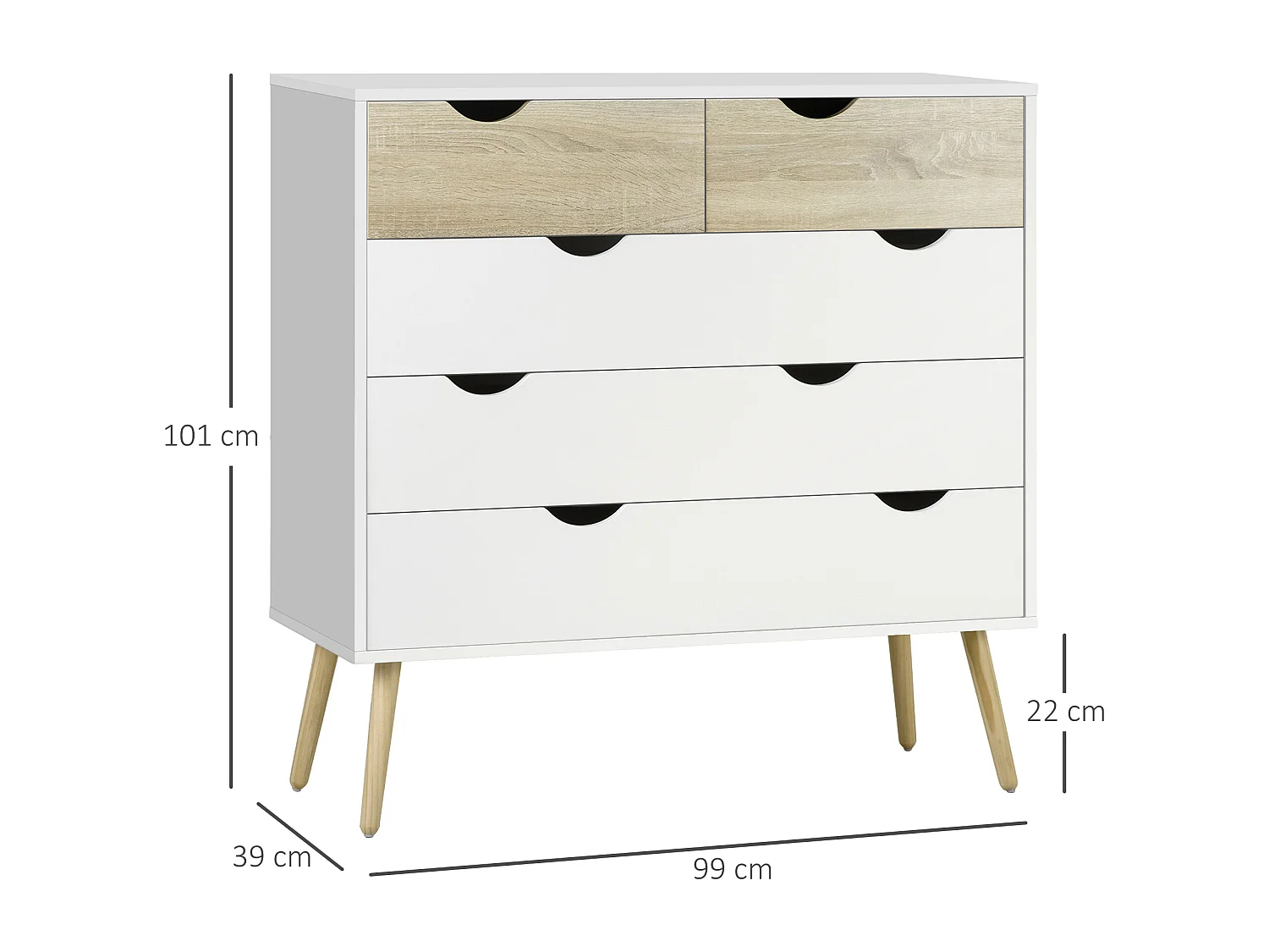 Commode 5 tiroirs design scandinave meuble de rangement chambre panneau de particules 99 x 39 x 101 cm blanc aspect chêne clair