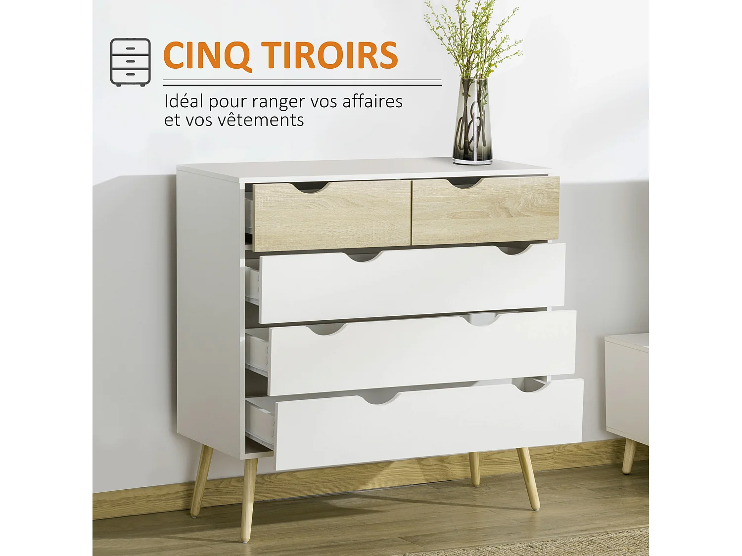 Commode 5 tiroirs design scandinave meuble de rangement chambre panneau de particules 99 x 39 x 101 cm blanc aspect chêne clair