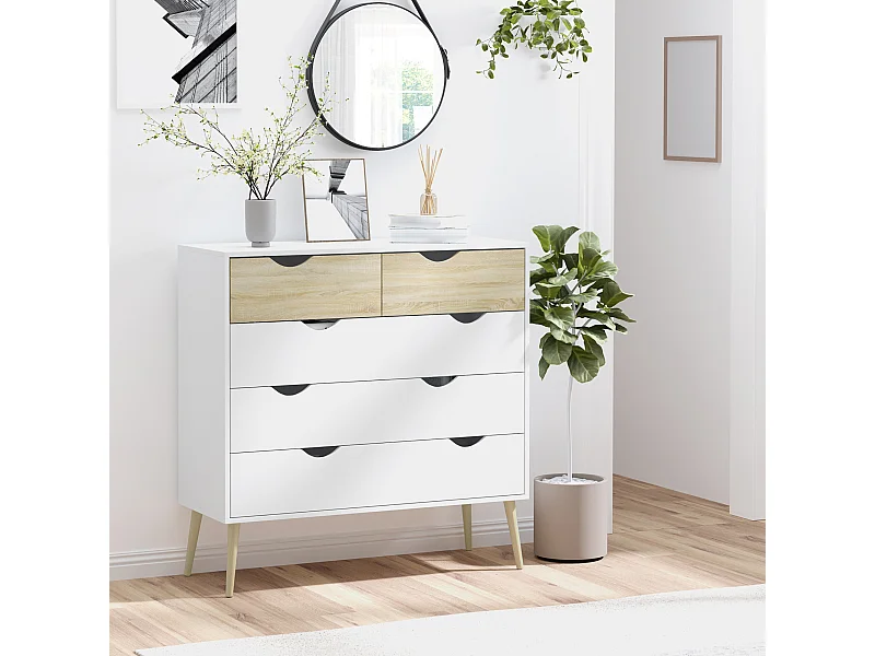 Commode 5 tiroirs design scandinave meuble de rangement chambre panneau de particules 99 x 39 x 101 cm blanc aspect chêne clair