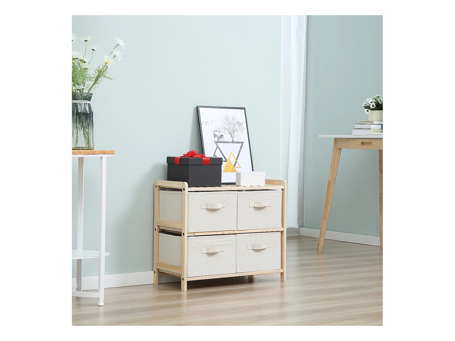 Commode 4 tiroirs tissu polyester beige dim. 59L x 28l x 50H cm bois sapin