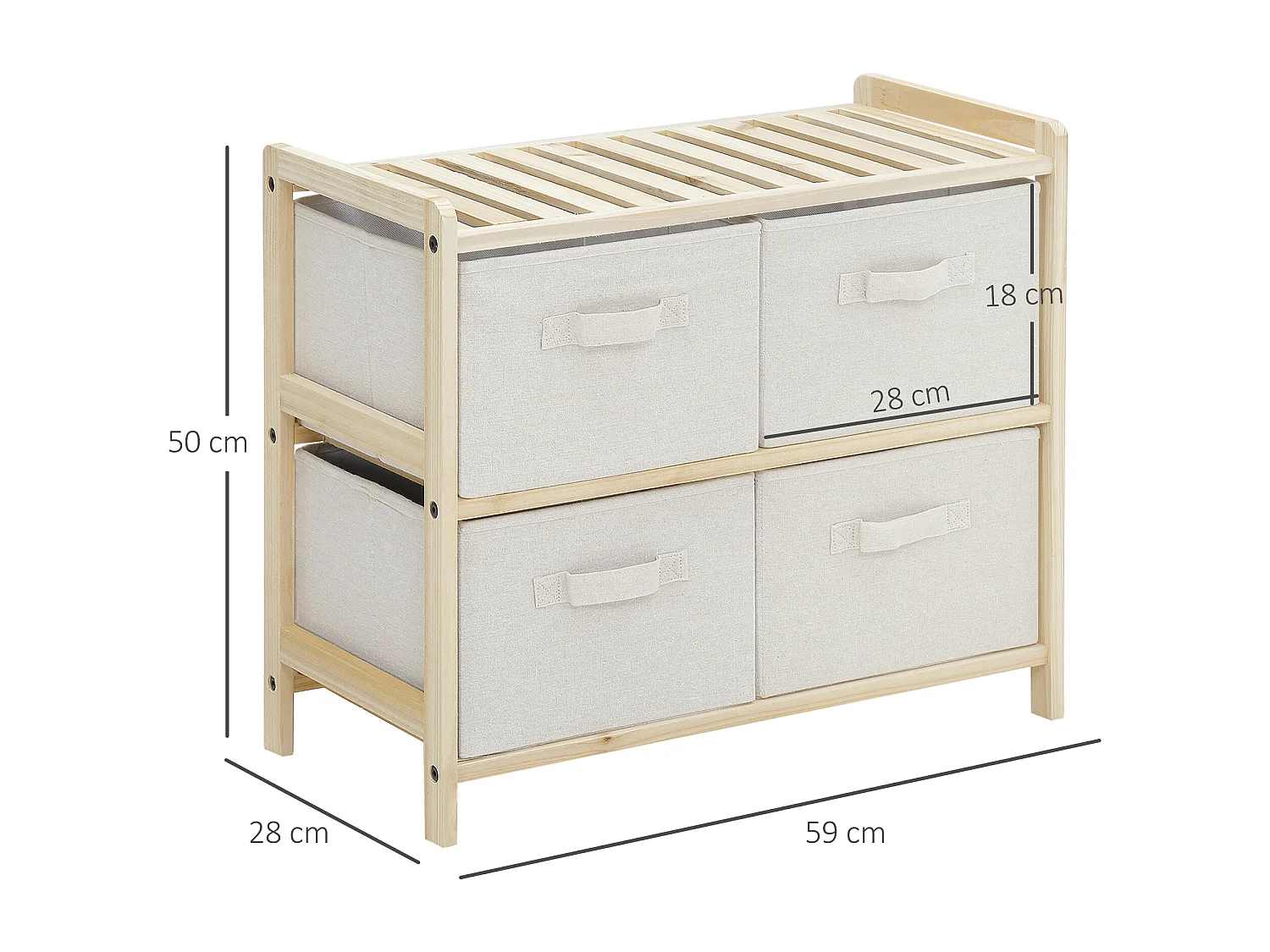 Commode 4 tiroirs tissu polyester beige dim. 59L x 28l x 50H cm bois sapin